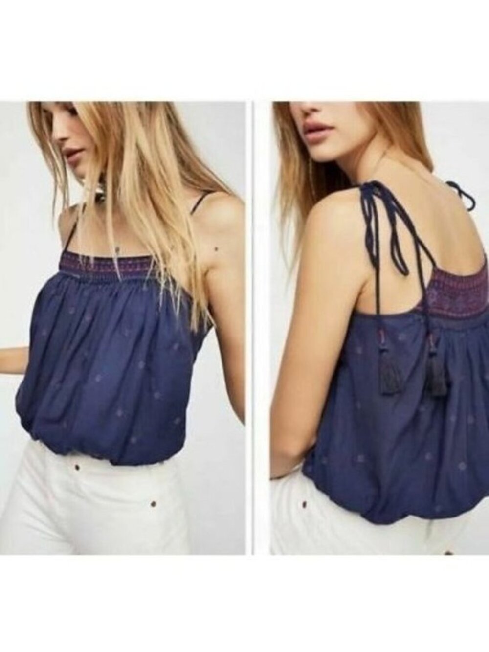 Free People Eternal Love Navy Embroidered Cotton Top